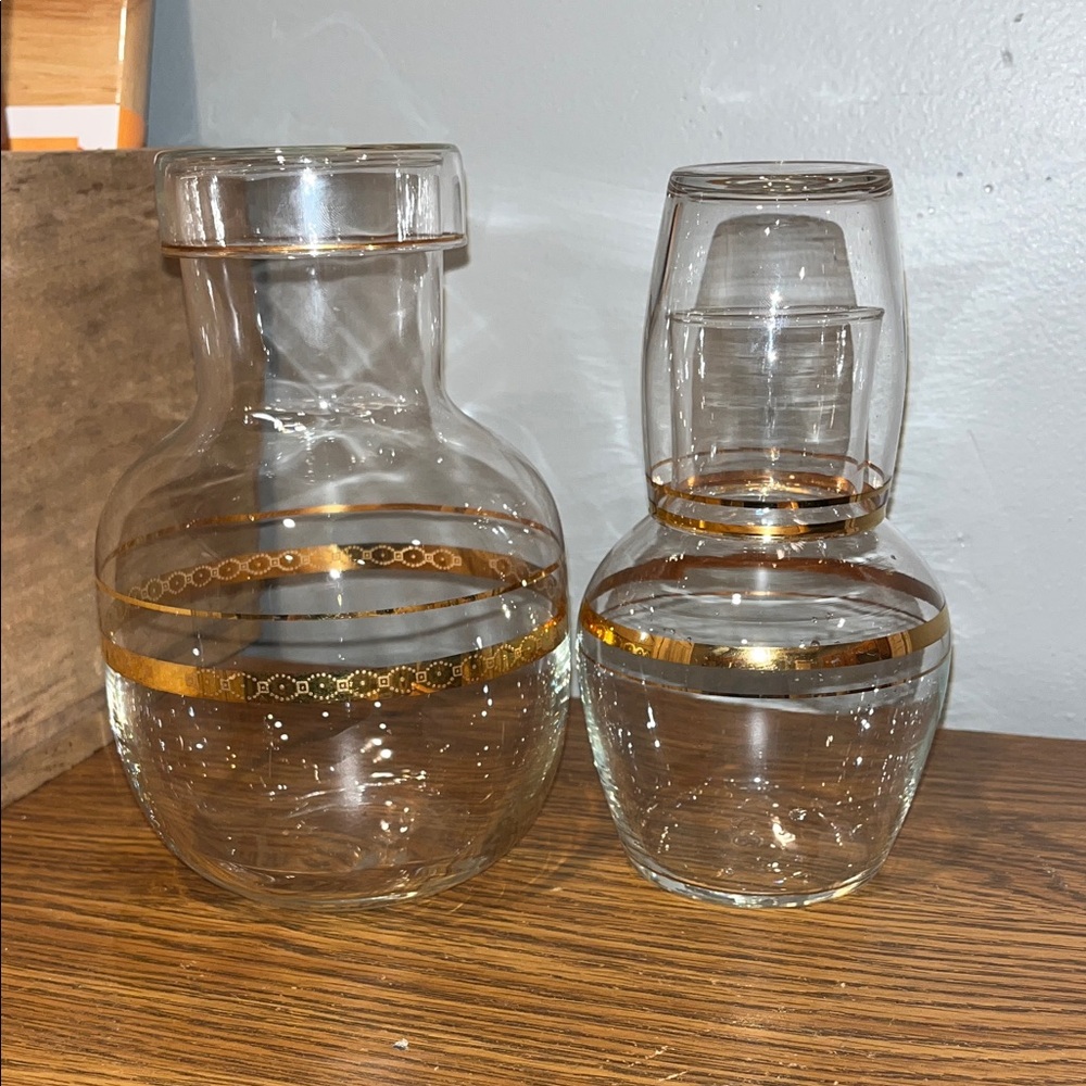 Vintage MCM Libbey Glass Night Decanter Carafe Set Gold Water Bedside Set